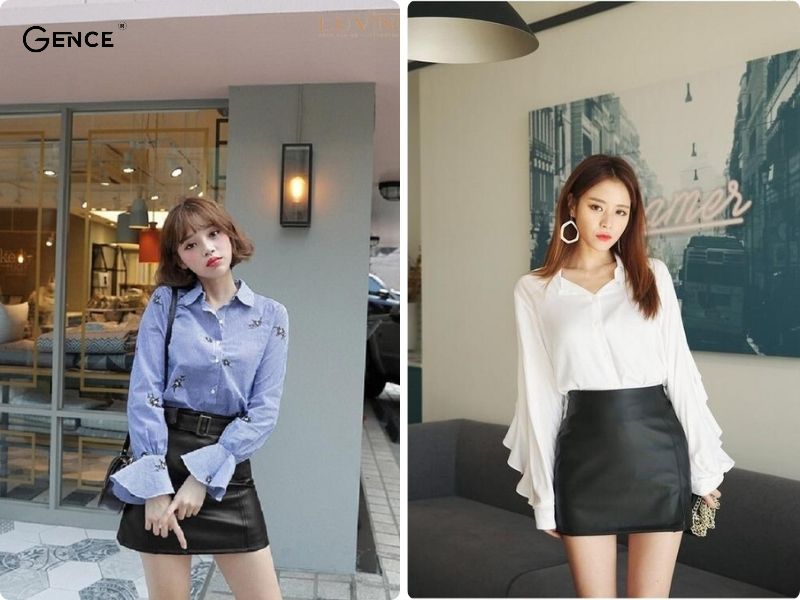 Phối đồ lịch sự, thu hút với áo sơ mi và chân váy da