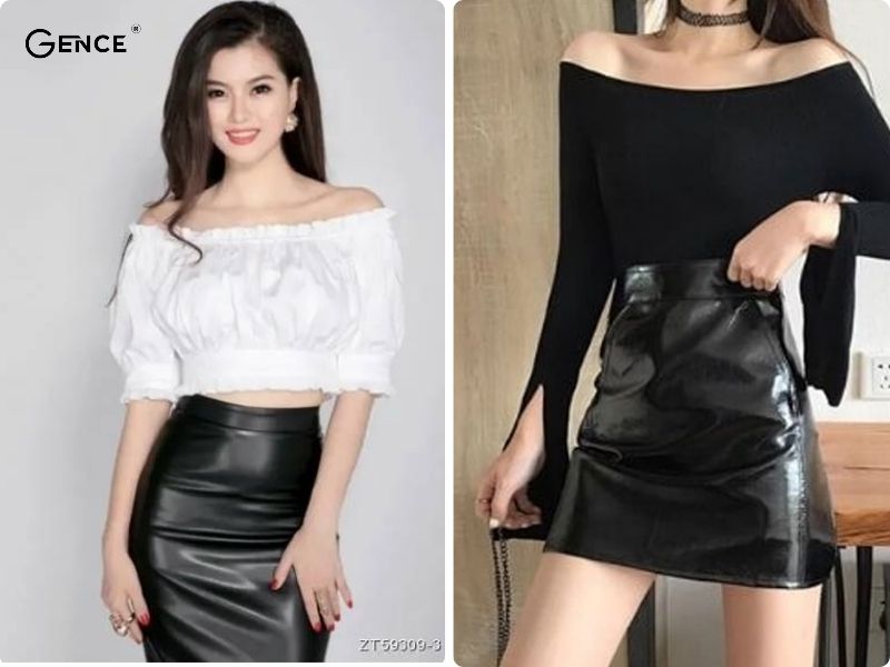 Áo trễ vai phối cùng chân váy da thể hiện màu sắc cá nhân