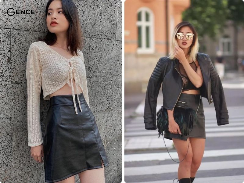 Áo croptop phối cùng chân váy da cá tính