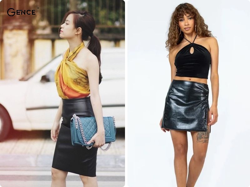 Phong cách quyến rũ, cool ngầu với áo cổ yếm và chân váy da