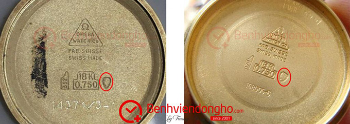 Đây là 1 chiếc Omega vỏ vàng chuẩn với ký hiệu vàng 18k, 0.750 và triện dấu bà đầm