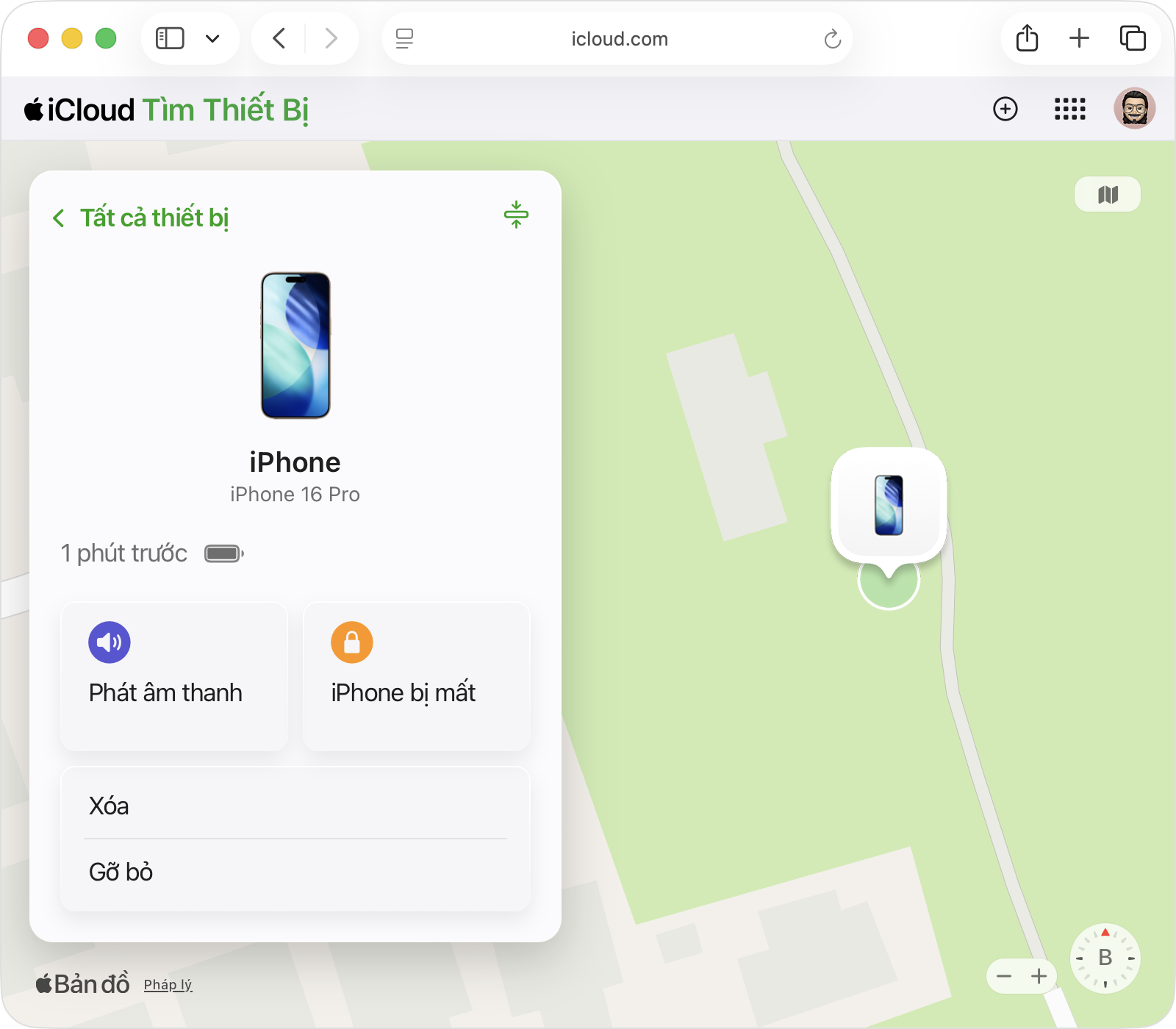 Menu thiết bị trong Tìm thiết bị trên iCloud